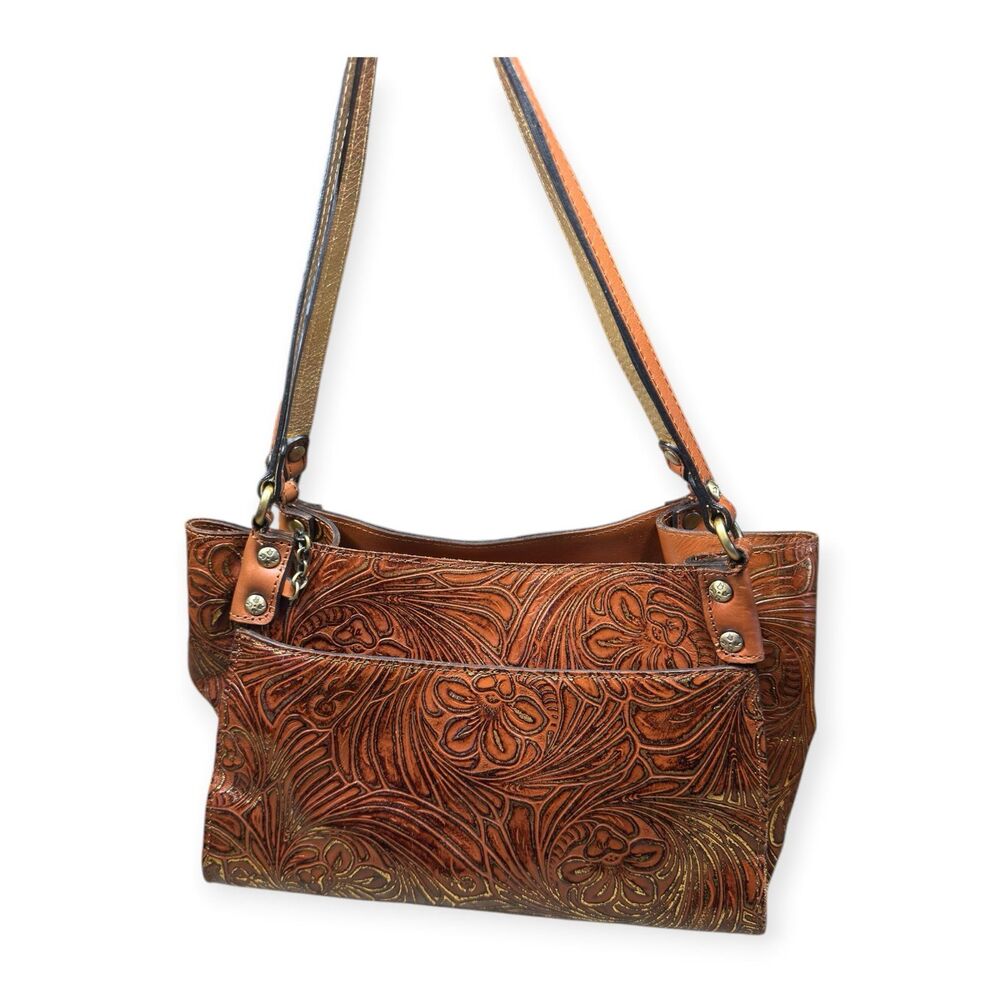 Patricia Nash Romina Leather Shoulder Bag Tobacco Fields Purse Tooled Tan Gold